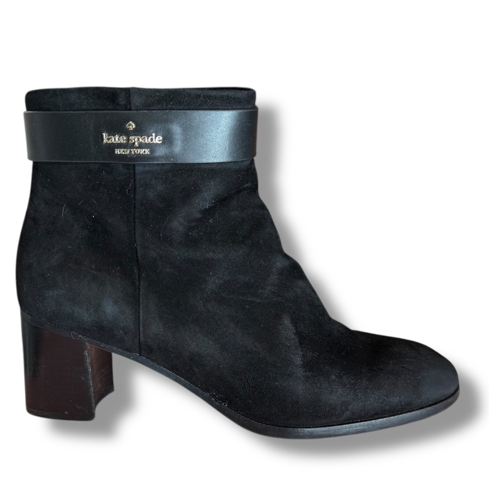 Kate Spade Morgan Black Suede Ankle Boots Heel Zip Up Leather Accent Size 10